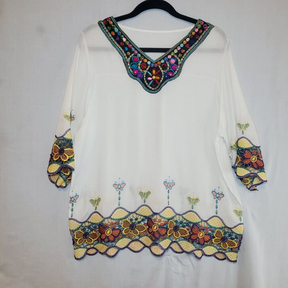 Womens Embroidered 3/4 Sleeve White Tunic Sz Large Floral Butterfly Mexico